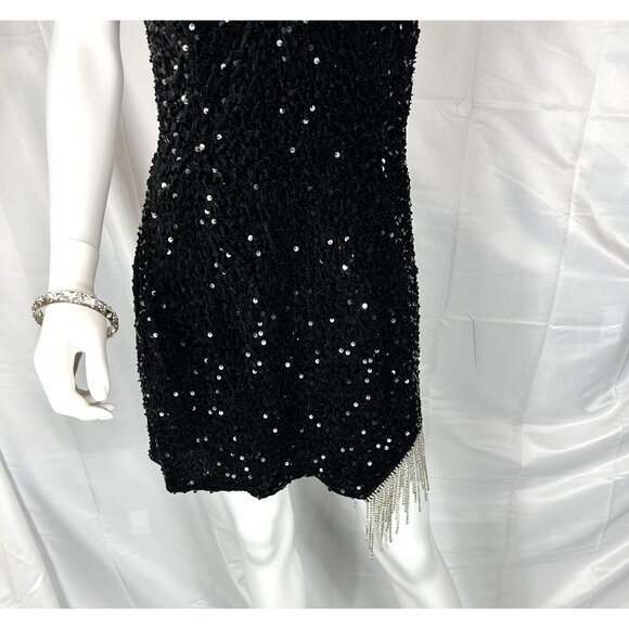 Black Sequined Mini Dress by Alyce Paris, Rhinestone Chains on Hem, Size 14, NWT - Picture 4 of 10